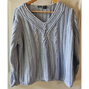 NorthCrest XL Blue Cable Knit Sweater Women's V Neck Cotton Ramie Pullover